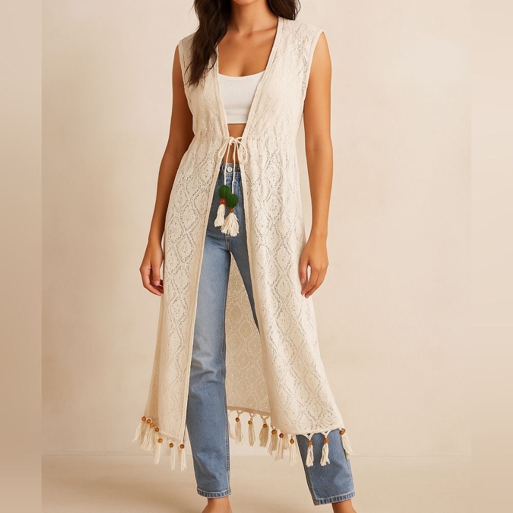Urban Outfitters Cream Crochet Lace Duster Beaded Fringe Boho Festival Cover Up